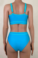 Athletic Contrast Trim High Waist Moderate Crop Bralette Bikini Set