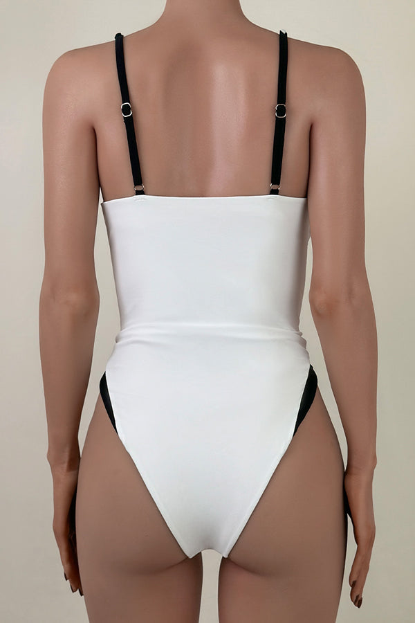Black and White High Leg Brazilian Cheeky Ruched U Wire One Piece Swimsuit