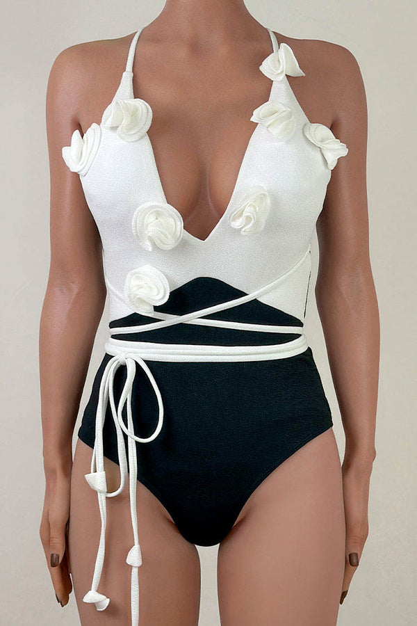 Black and White Low Back Wrap Around Rosette One Piece Swimsuit