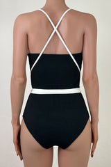 Black and White Low Back Wrap Around Rosette One Piece Swimsuit