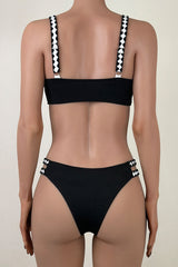 Black and White Whipstitch Double Strap Cheeky Ribbed Bralette Bikini Set