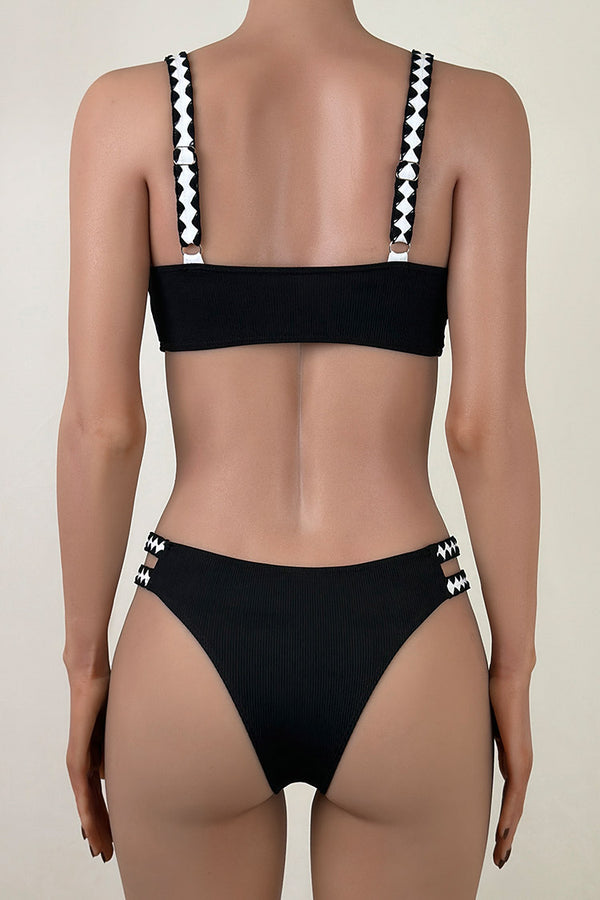Black and White Whipstitch Double Strap Cheeky Ribbed Bralette Bikini Set