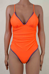 Brazilian Contrast Crochet Plunge Cheeky Ruched One Piece Swimsuit