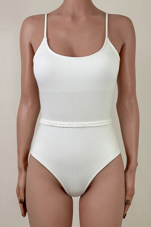 Elegant Wrap Around Rope Belted Moderate Ribbed One Piece Swimsuit