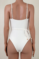 Elegant Wrap Around Rope Belted Moderate Ribbed One Piece Swimsuit