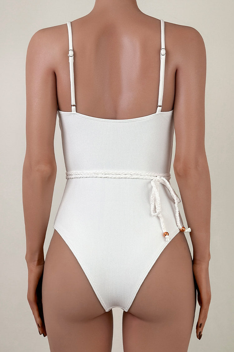Elegant Wrap Around Rope Belted Moderate Ribbed One Piece Swimsuit