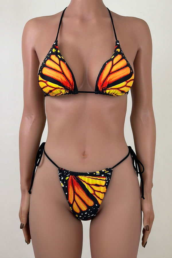 Fabulous Butterfly Print Tie Side String Slide Triangle Halter Bikini Set