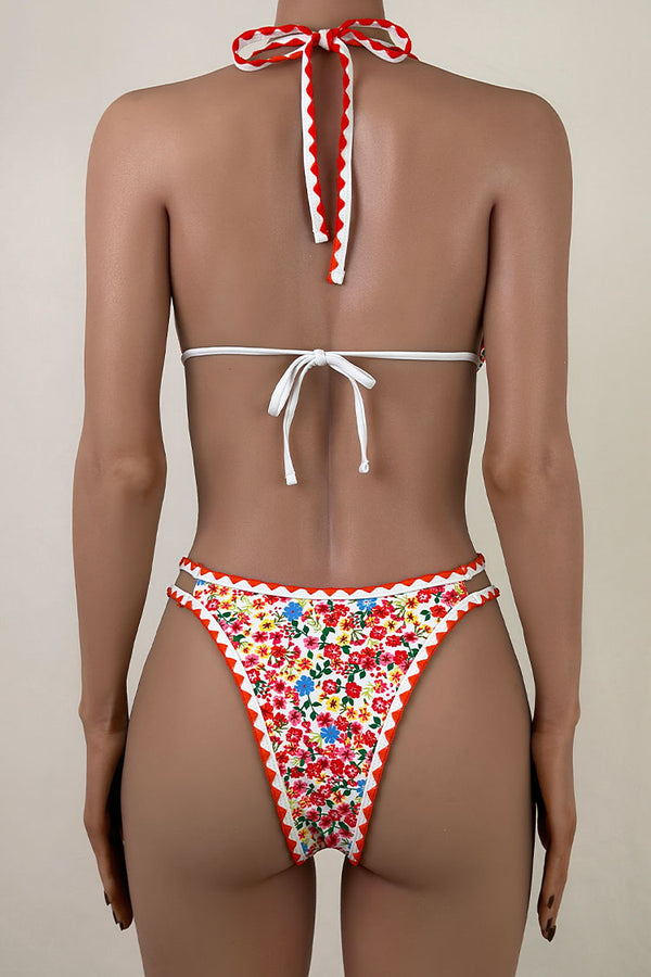 Luxe Floral Double Strap Brazilian Cheeky Whipstitch Triangle Bikini Set