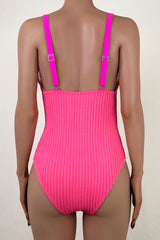 Luxurious Ribbed Moderate Ruched Plunge Neck One Piece Swimsuit