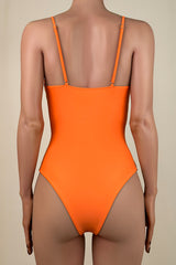 Playful Solid Color Brazilian Cheeky Ruched Trim V Neck Triangle One Piece Swimsuit