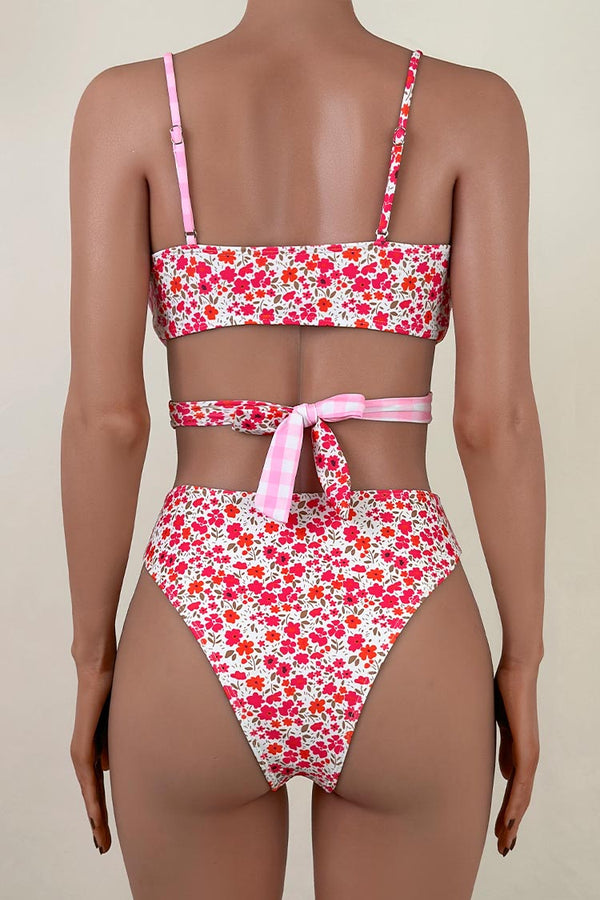 Retro Floral Gingham Print High Waist Brazilian Cheeky Wrap Bikini Set