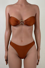 Retro High Leg Brazilian Cheeky Molten Ring Ruched Bandeau Bikini Set