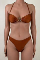 Retro High Leg Brazilian Cheeky Molten Ring Ruched Bandeau Bikini Set