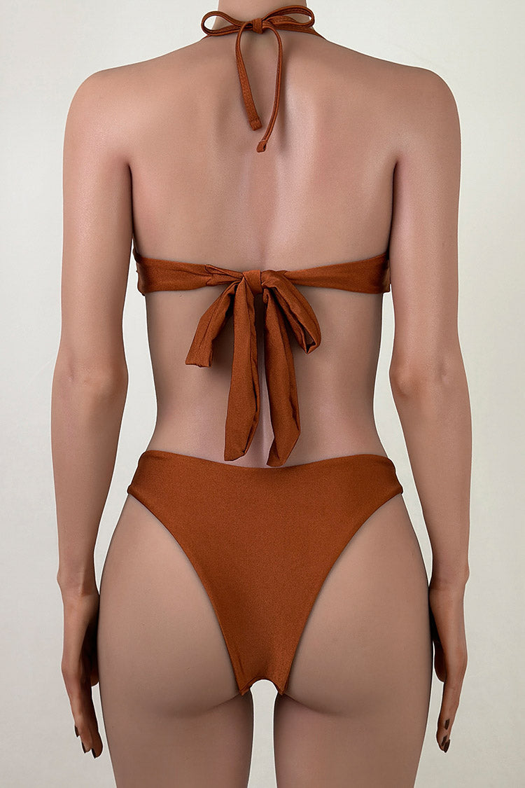 Retro High Leg Brazilian Cheeky Molten Ring Ruched Bandeau Bikini Set