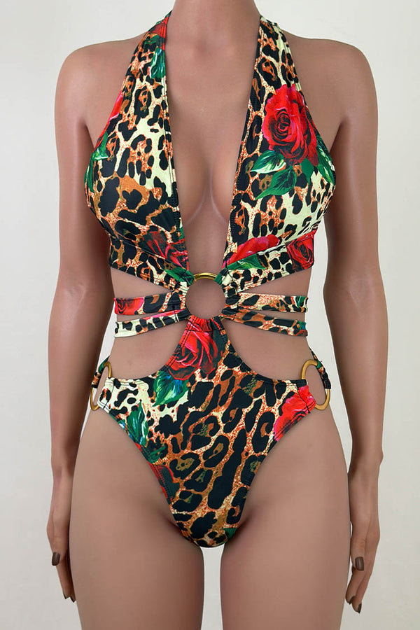 Rose and Leopard Print O Ring Cutout Plunge Halter One Piece Swimsuit