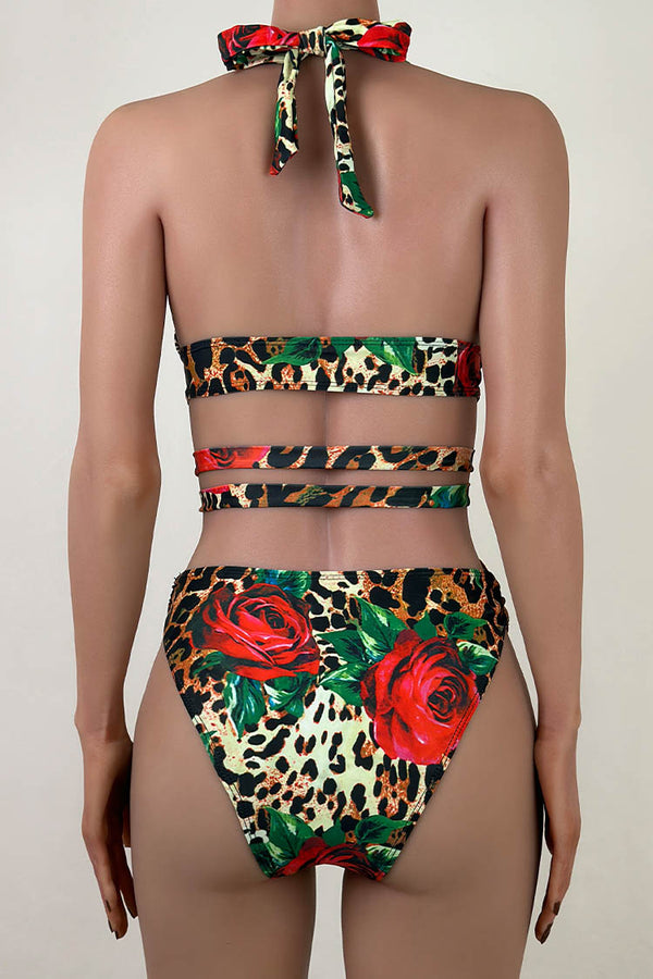 Rose and Leopard Print O Ring Cutout Plunge Halter One Piece Swimsuit