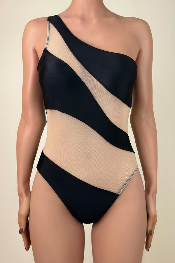 Sassy Mesh Panel One Shoulder Brazilian Cheeky One Piece Swimsuit