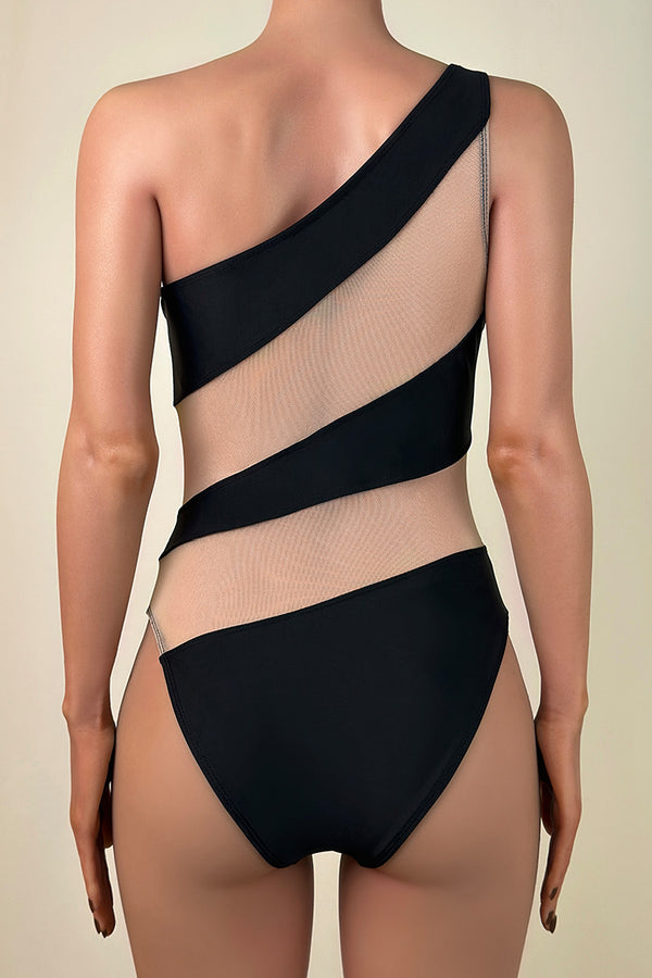 Sassy Mesh Panel One Shoulder Brazilian Cheeky One Piece Swimsuit