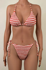 Sexy Bicolor Striped Crinkled Tie Side String Brazilian Cheeky Triangle Bikini Set
