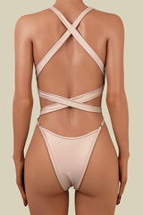 Sexy Contrast Cross Low Back High Cut Brazilian Cheeky One Piece Swimsuit