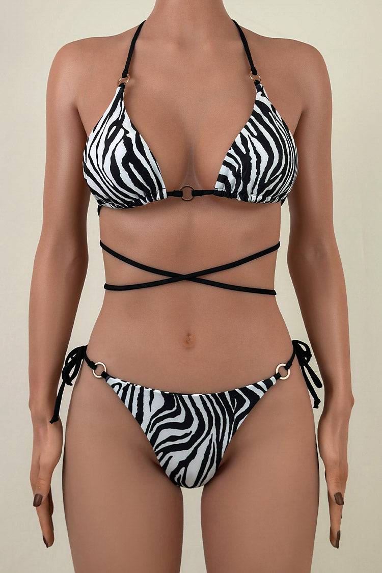 Sexy Zebra Tie Side Brazilian Cheeky Wrapped Slide Triangle Halter Bikini Set