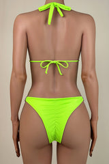 Shiny Crystal Strap Ribbed Brazilian Cheeky Scrunch Halter Slide Triangle Bikini Set