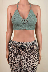 Bohemian Handmade Crochet Knit Scalloped Trim Halter Triangle Bikini Top