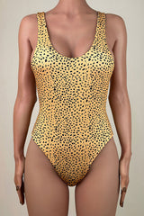 Classic Ribbed Leopard Print Low Back Scoop Neck Brazilian Cheeky One Piece Swimsuit
