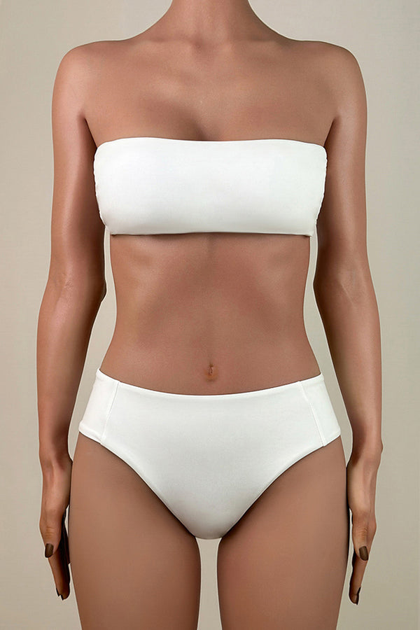Classic Solid Color Mid Waist Brazilian Cheeky Bandeau Bikini Set