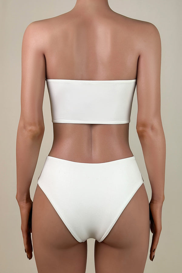 Classic Solid Color Mid Waist Brazilian Cheeky Bandeau Bikini Set