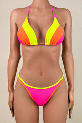 Colorful Contrast Striped String Brazilian Cheeky Halter Slide Triangle Bikini Set