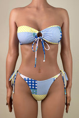 Colorful Patchwork Gingham Print Tie String Brazilian Cheeky Bandeau Bikini Set
