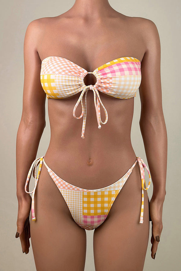 Colorful Patchwork Gingham Print Tie String Brazilian Cheeky Bandeau Bikini Set