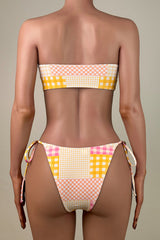 Colorful Patchwork Gingham Print Tie String Brazilian Cheeky Bandeau Bikini Set