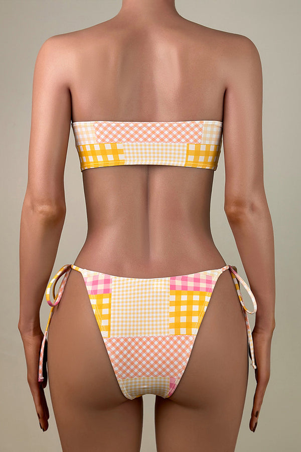 Colorful Patchwork Gingham Print Tie String Brazilian Cheeky Bandeau Bikini Set
