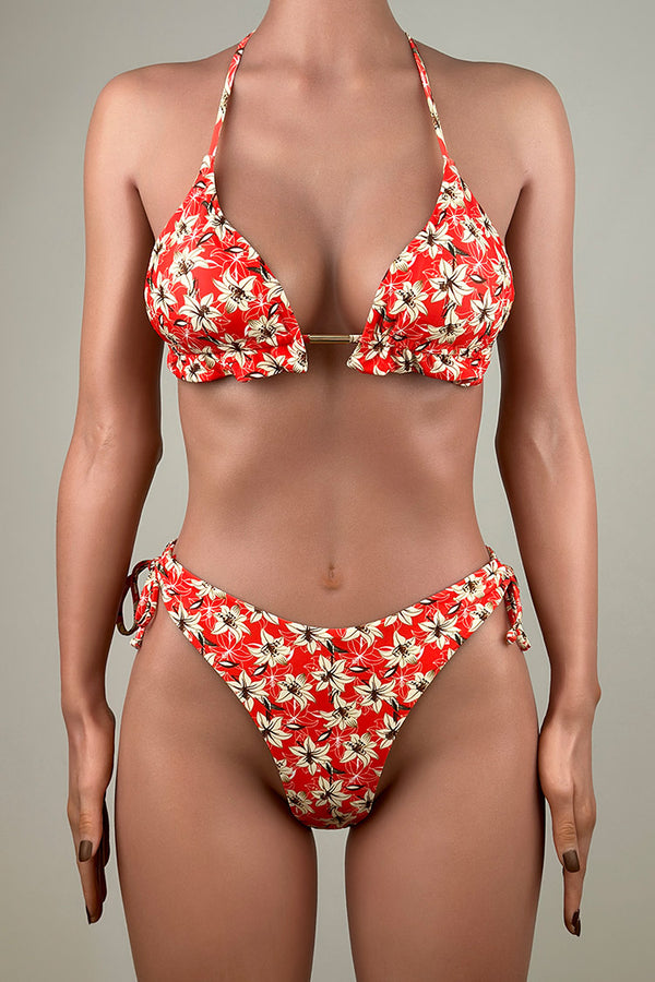 Colorful Printed Tie String Brazilian Cheeky Halter Slide Triangle Bikini Set