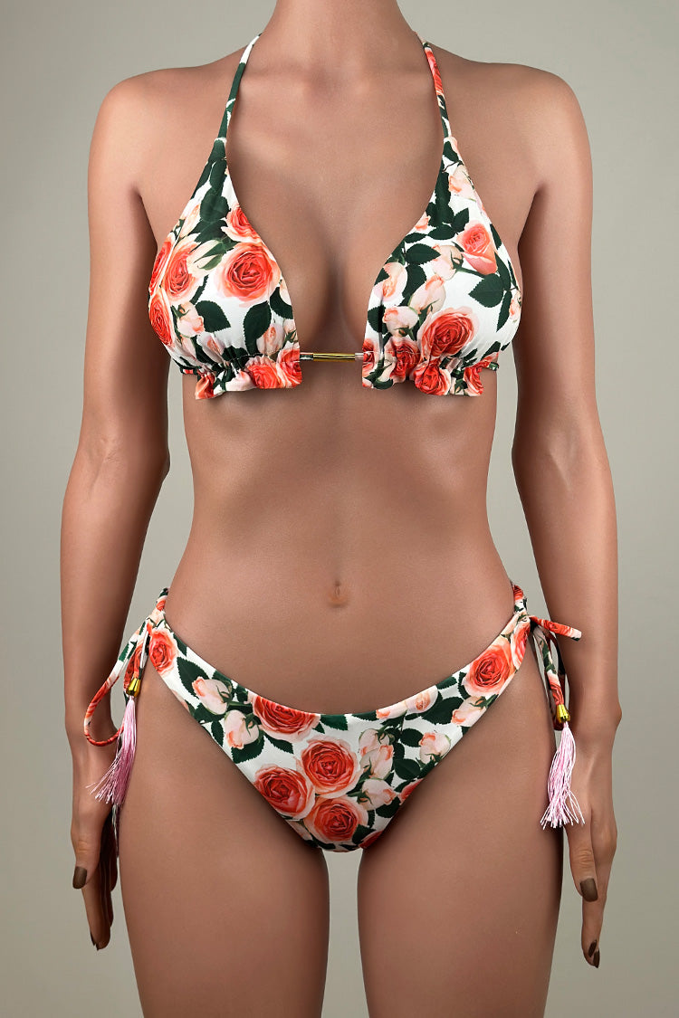 Colorful Printed Tie String Brazilian Cheeky Halter Slide Triangle Bikini Set