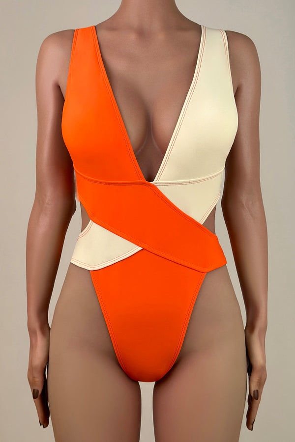 Contrast Deep V Cutout High Leg Low Back Brazilian Cheeky Scrunch One Piece Swimsuit