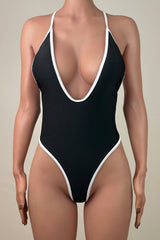 Contrast Deep V Low Back Brazilian Cheeky Thong High Leg One Piece Swimsuit