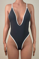 Contrast Deep V Low Back Brazilian Cheeky Thong High Leg One Piece Swimsuit