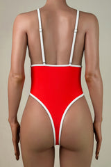 Contrast Deep V Low Back Brazilian Cheeky Thong High Leg One Piece Swimsuit