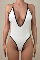 Contrast Deep V Low Back Brazilian Cheeky Thong High Leg One Piece Swimsuit
