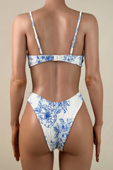 Cute Floral Shirred High Cut Brazilian Cheeky Bralette Bikini Set