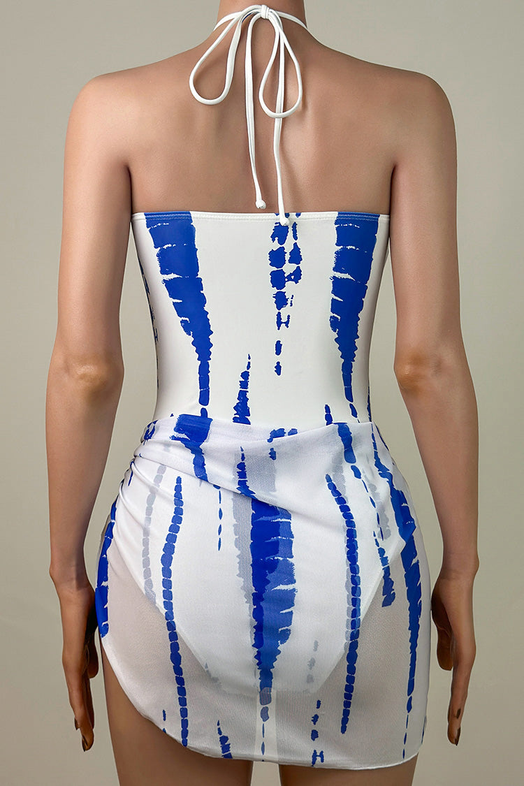 Fresh Tie Dye Print Brazilian Cheeky Cut Out Front Ruched Halter One Piece Swimsuit