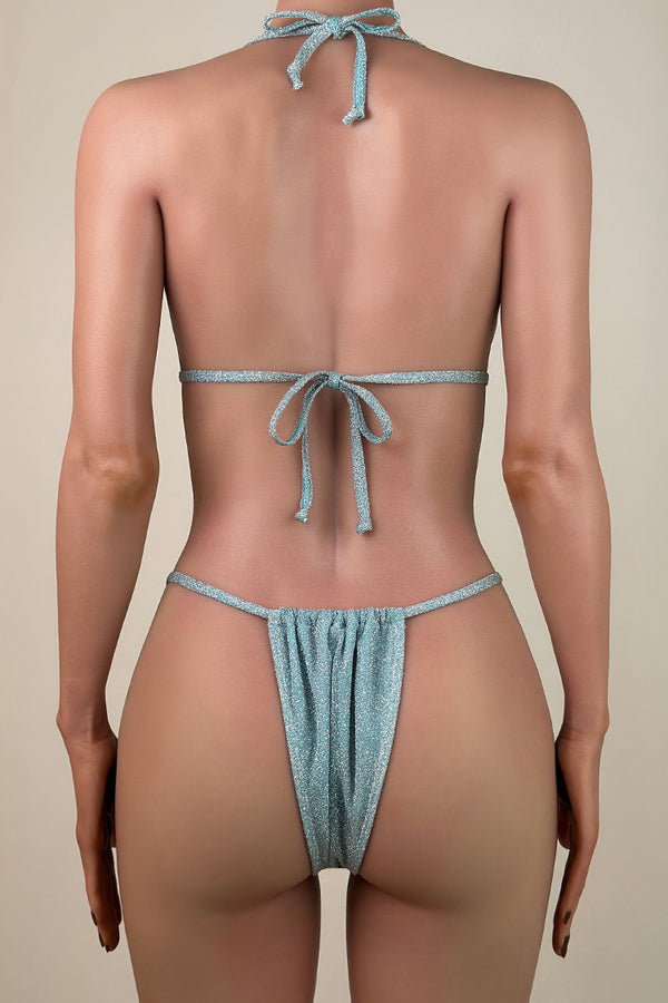Glittering Metal Chain String Brazilian Cheeky Halter Triangle Bikini Set