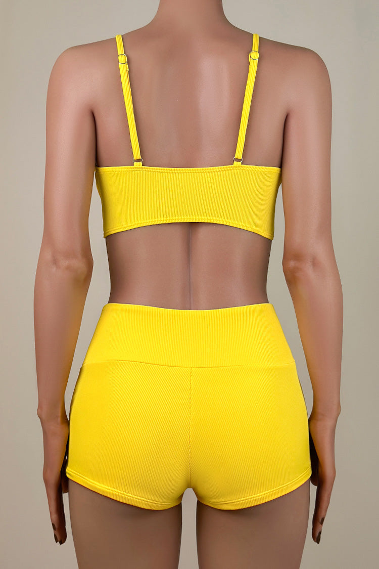 Moderate Ribbed Ruched String Tie High Waist Boyshort Bralette Bikini Set