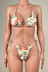 Multicolor Printed Tie String Brazilian Cheeky Halter Slide Triangle Bikini Set