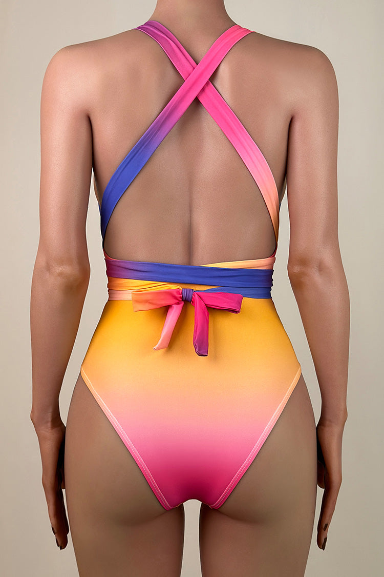 Rainbow Tie Dye Crystal Plunge Open Back Brazilian Cheeky Wrap One Piece Swimsuit