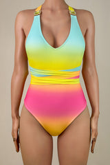 Rainbow Tie Dye Crystal Plunge Open Back Brazilian Cheeky Wrap One Piece Swimsuit