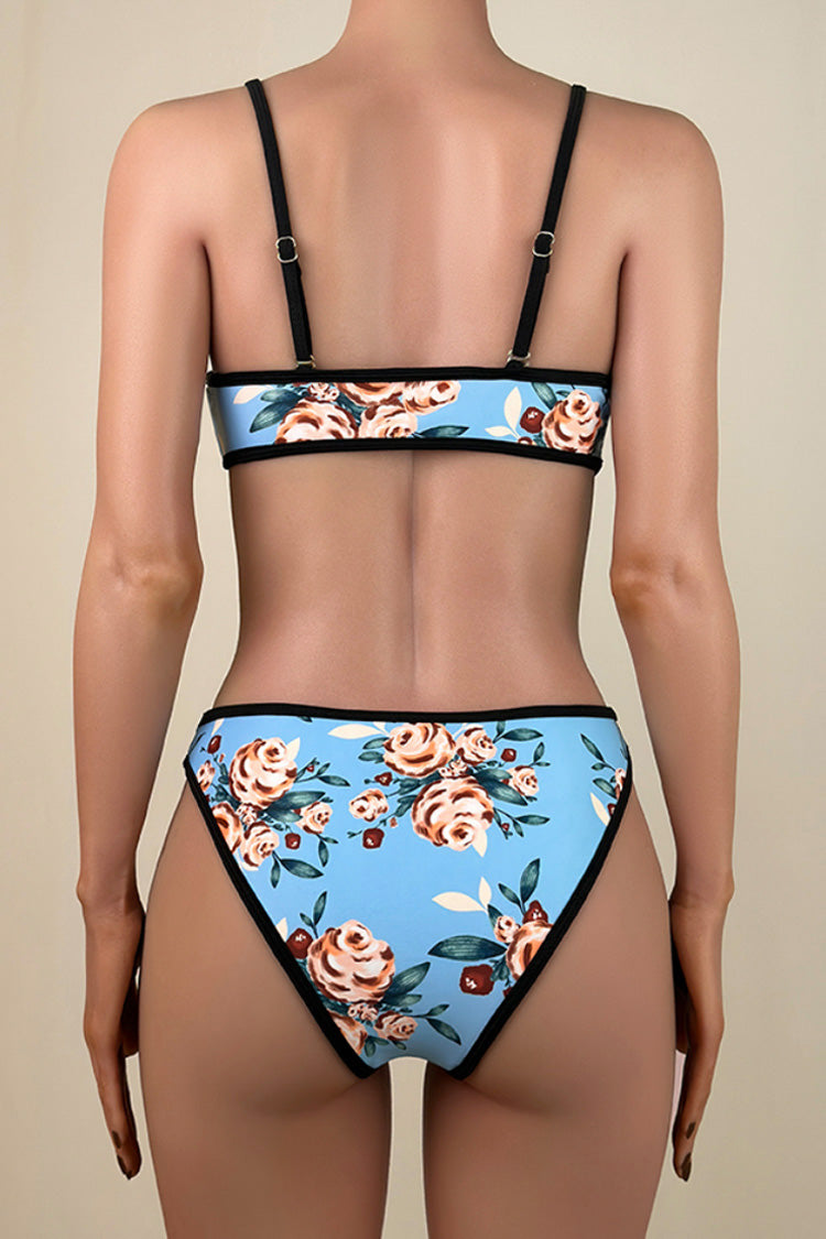 Reversible Floral Print Contrast Trim Brazilian Cheeky Bralette Bikini Set